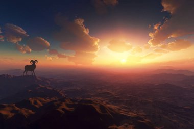 Dağların tepesinde dağ keçileriyle gün batımının güzel bir görüntüsü.