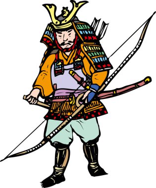 Elinde ok ve yay tutan Japon samuray savaşçısının renkli bir tasviri..