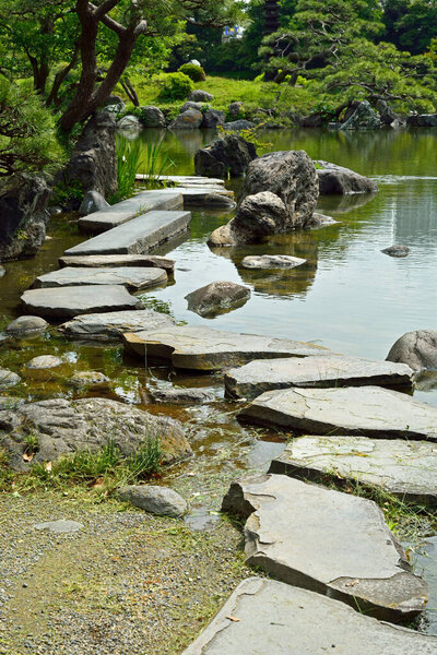 красивый японский сад с прудом 