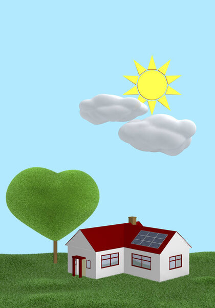 3D рендеринг иллюстрации дома с солнцем и зеленым деревом