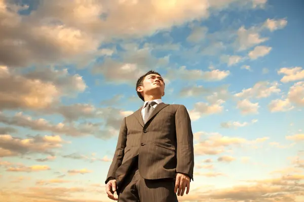Portrait Young Asian Businessman Standing Sunset Sky Power Concept — Stock Photo, Image