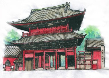 Antik Japon tapınağının suluboya çizimi