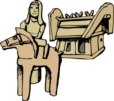 Antik Japon Haniwa kil figürleri at ve ev üzerinde bir insan figürleri