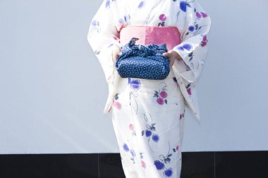 Mavi Furoshiki 'ye sarılı bento tutan kimono giyen genç bir kadın.