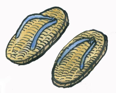 Geleneksel Japon saman sandaleti veya Zori 'nin suluboya çizimi.