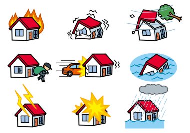 Dijital çizim, farklı türde ev hasarı veya felaketleri gösteren dokuz basit simgeyi betimler.