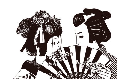 Japon tarzı hayranları olan geleneksel kimonolu Japon bir çift.