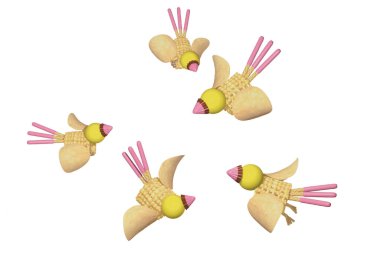 Beyaz arka planda uçan renkli el yapımı kuşlar