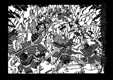 Savaşta savaşan samuray savaşçıları. çizim sanatı çizimi