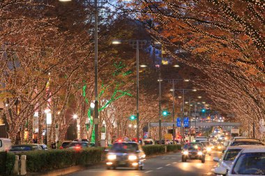 Noel süslerinin ve çelenklerin güzel manzarası gece şehrinde ağaçlarda                    