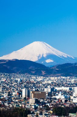 Fuji dağ manzarasının önündeki Japon şehri