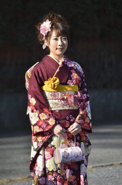 Kimono giyen genç Japon kadının portresi.