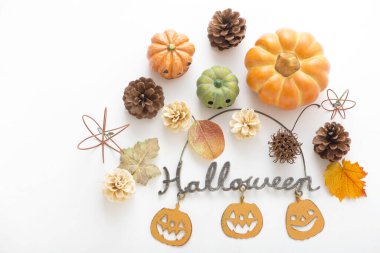 Cadılar Bayramı balkabakları ve sonbahar süslemeleri ile kompozisyon                  