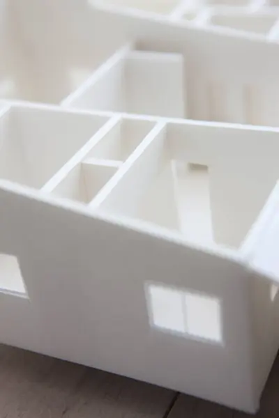 Närbild Hus Modell Tillverkad Vit Plast — Stockfoto