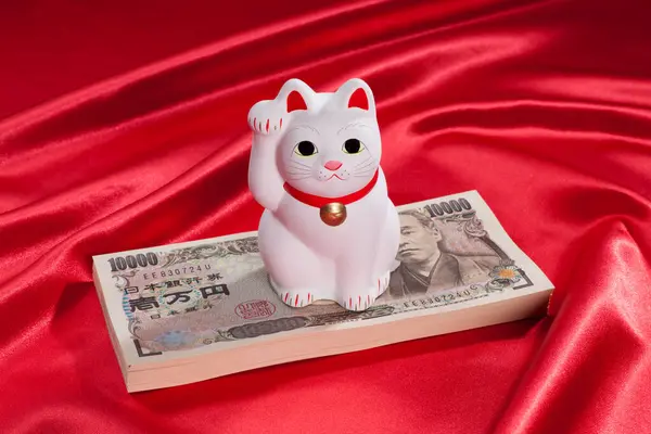 Bancnote Yeni Japoneze Pisica Maneki Neko Simbolizând Norocul Bogăția — Fotografie, imagine de stoc