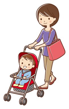 Gülümseyen çocuğu bebek arabasına iten bir kadın.