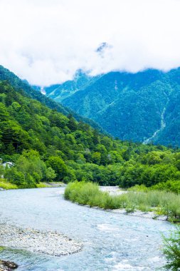Japonya 'daki Kamikochi' de yeşil dağ ve nehir.