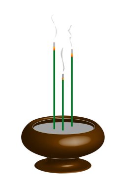 İçinde üç tütsü çubuğu olan kahverengi bir kâse çizimi..