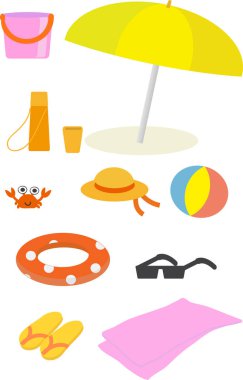 Renkli yaz eşyaları koleksiyonunda şemsiye, kova ve plaj oyuncakları bulunur..