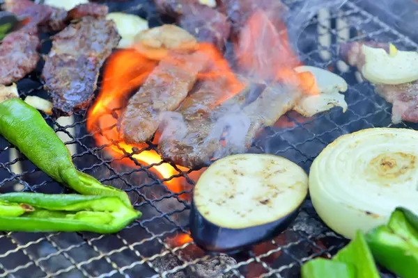 グリルで野菜と肉でバーベキュー — ストック写真