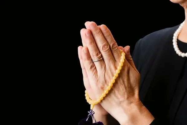 Praying Woman Hands Palms Together Holding Rosary Concept Faith Spirituality — Stock Photo, Image