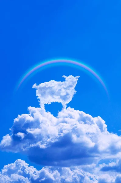 Ουράνιο Τόξο Και Λευκό Αφράτο Σύννεφο Σχήμα Προβάτου Μπλε Φόντο — Φωτογραφία Αρχείου