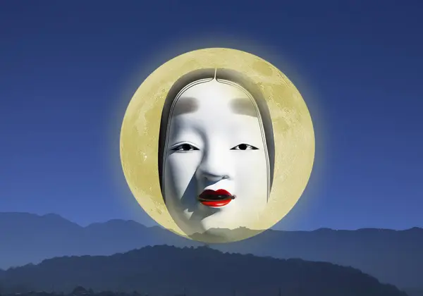 Imagem Colagem Digital Com Máscara Teatro Tradicional Japonês — Fotografia de Stock