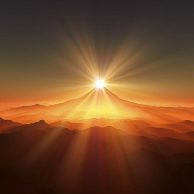 Dağın tepesinde turuncu gökyüzünde gün batımı