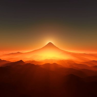 Dağın tepesinde turuncu gökyüzünde gün batımı