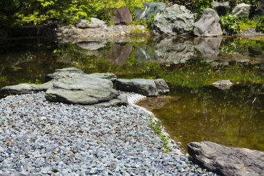Göletteki taşların yakınına.