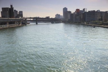 Gökdelenleri ve nehri olan şehir manzarası