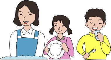 Gülümseyen aile yemekten sonra birlikte bulaşık yıkıyor.