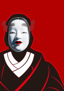 Geleneksel Japon tiyatro maskesi ve insan silueti.