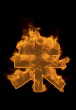  Siyah arka planda ateş alevleri olan Japon hiyeroglifleri.