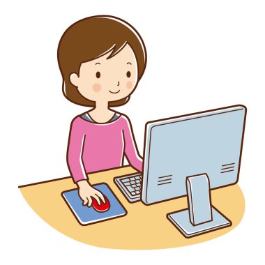 Tatlı kız masasında bilgisayarını kullanıyor. 