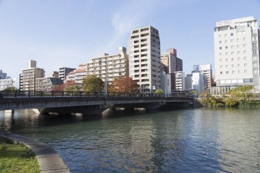 Binaları ve nehri olan modern şehir manzarası