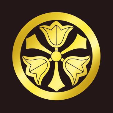 Geleneksel Japon aile arması logosu altın rengi, çiçek elementleri.