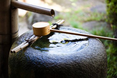 Tsukubai olarak bilinen geleneksel Japon su özelliklerinin yakın plan görüntüsü      