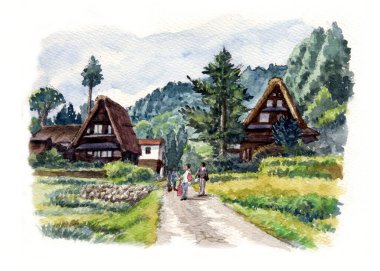 Geleneksel Japon kırsal mimarisinin suluboya çizimi