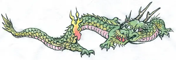 drawing of green dragon with long tail