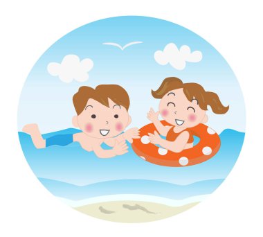 Sahilde yüzen gülümseyen çocuklar