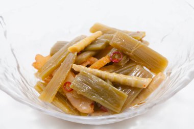 traditional Japanese food Tsukemono, preserved vegetables, usually pickled in salt, brine or a bed of rice bran clipart