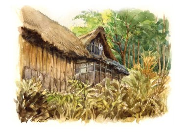 Şehir mimarisinin suluboya çizimi