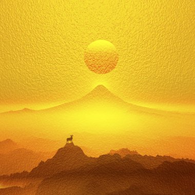 Ram gün batımında dağlarda duruyor.