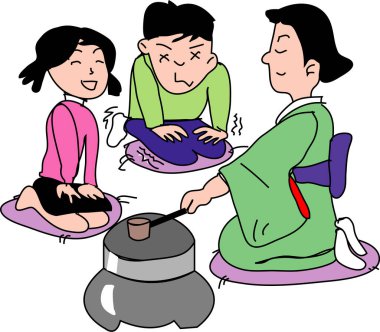 Kimonolu bir kadın, yerde oturan iki konuğa çay seremonisi yapıyor. Basit bir dijital grafik..