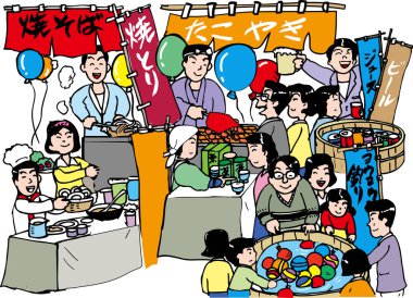 Kalabalık açık havada renkli Japon festivallerinin tadını çıkarıyor.