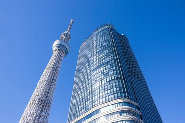 Tokyo Skytree ve Tokyo Skytree Doğu Kulesi Sumida Ward, Tokyo, Japonya 'da açık mavi gökyüzüne karşı 