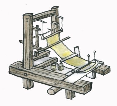 A traditional wooden loom or weaving machine with yellow cloth being woven, a simple hand-drawn watercolor sketch.