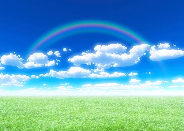 Fondo Azul Cielo Con Arco Iris Nubes Blancas Campo Verde —  Fotos de Stock