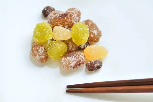 Close Shot Sweet Candied Fruits Chopsticks — Stock Photo, Image